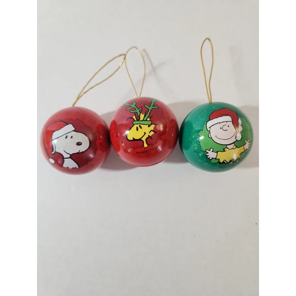 Lot Of 3 Peanuts Hallmark Tin Ball  Ornaments Snoopy Charlie Brown Stocking/ Car